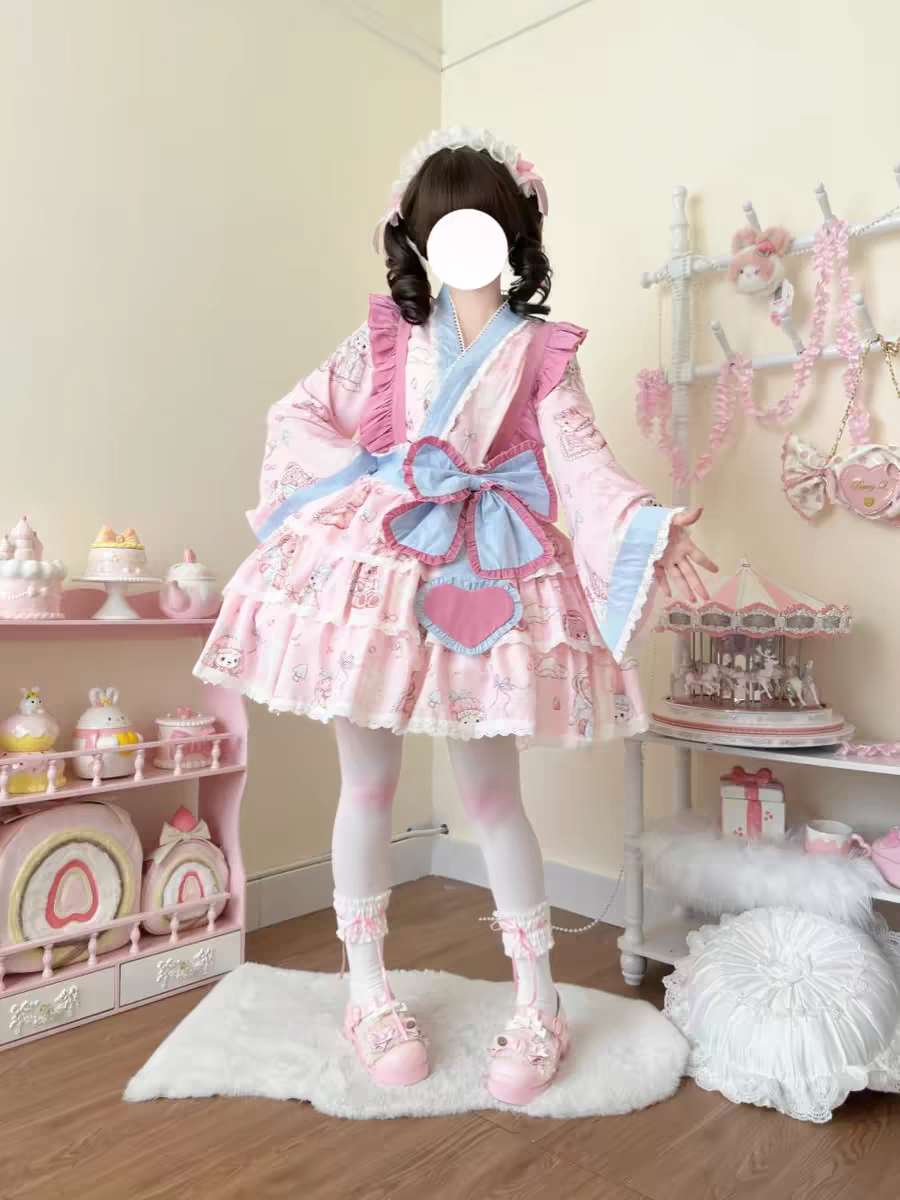 🍓🍰 "Sweet Sakura Picnic" – Kimono Lolita Dress 🍰🍓